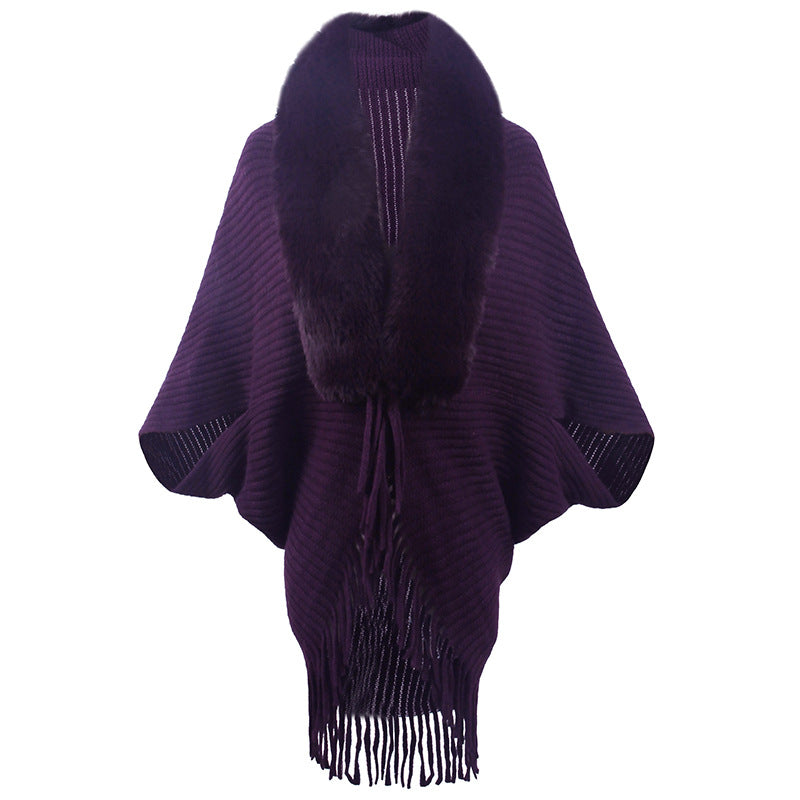 Damen luxuriöser Strickponcho mit elegantem Kunstfellkragen und Fransen Merchesia