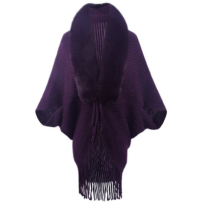 Damen luxuriöser Strickponcho mit elegantem Kunstfellkragen und Fransen Merchesia