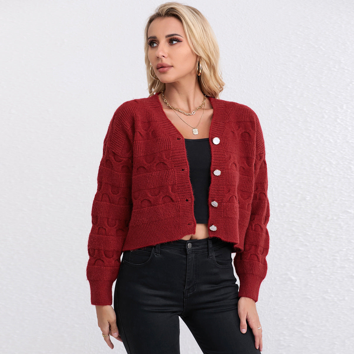 Damen Strickjacke mit strukturiertem Muster und modischen Knöpfen Merchesia