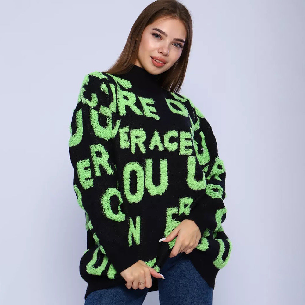 Damen Oversized Pullover mit grafischem Schriftzug und hohem Kragen Merchesia