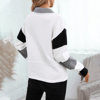 Damen modischer Pullover mit Polo-Kragen und kontrastierenden Streifen Merchesia