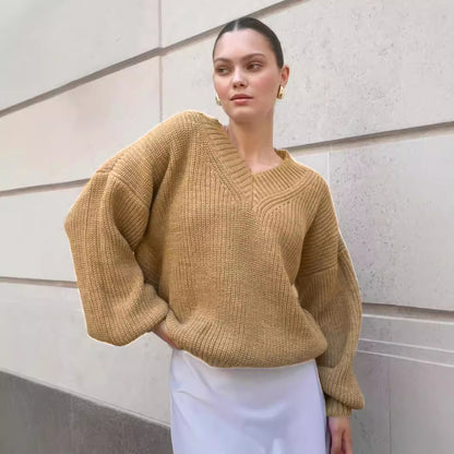 Damen lässiger Pullover mit V-Ausschnitt und voluminösen Ärmeln Merchesia