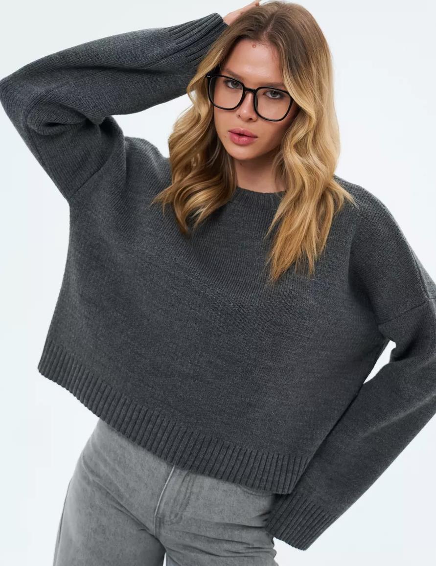 Damen gemütlicher Cropped-Pullover mit lässigen Ballonärmel und Rippstruktur Merchesia