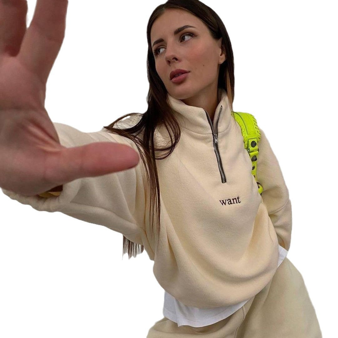 Damen modischer Fleece-Pullover mit Halb-Reißverschluss und überschnittenen Schultern Merchesia