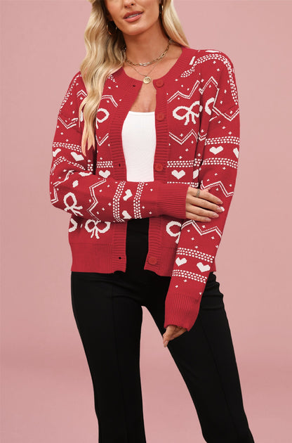 Damen Strickjacke mit verspieltem Herz- und Schleifenmuster Merchesia