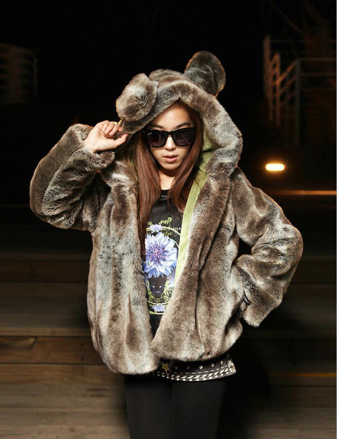 Damen Kuschelige Kunstpelzjacke mit verspieltem Ohren-Design Merchesia