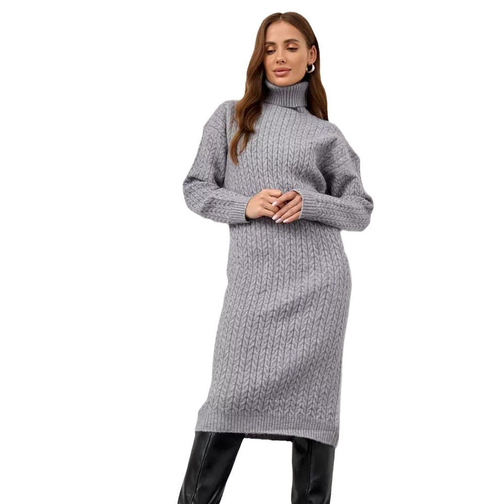 Damen Strickkleid mit hohem Kragen und Zopfmuster Merchesia