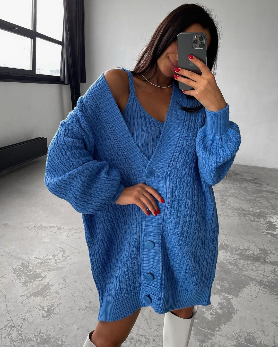 Damen Großer Strickcardigan mit Knopfleiste und Ballonärmeln Merchesia