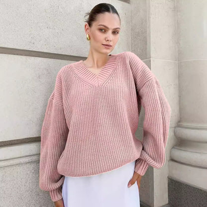 Damen lässiger Pullover mit V-Ausschnitt und voluminösen Ärmeln Merchesia