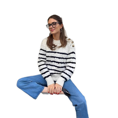 Damen Strickpullover mit maritimen Streifen und Knopfdetails Merchesia