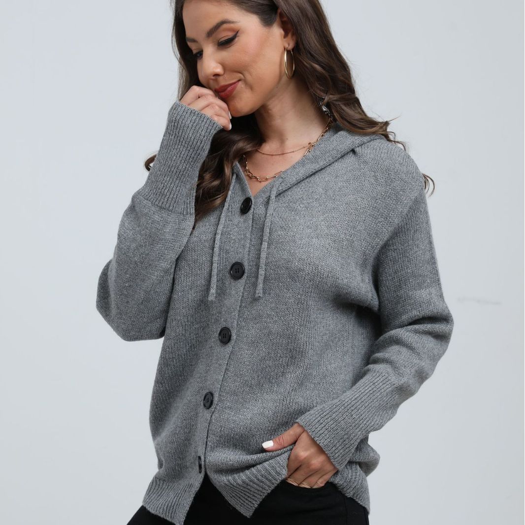 Damen lässige Strickjacke mit Kapuze und Knopfverschluss Merchesia