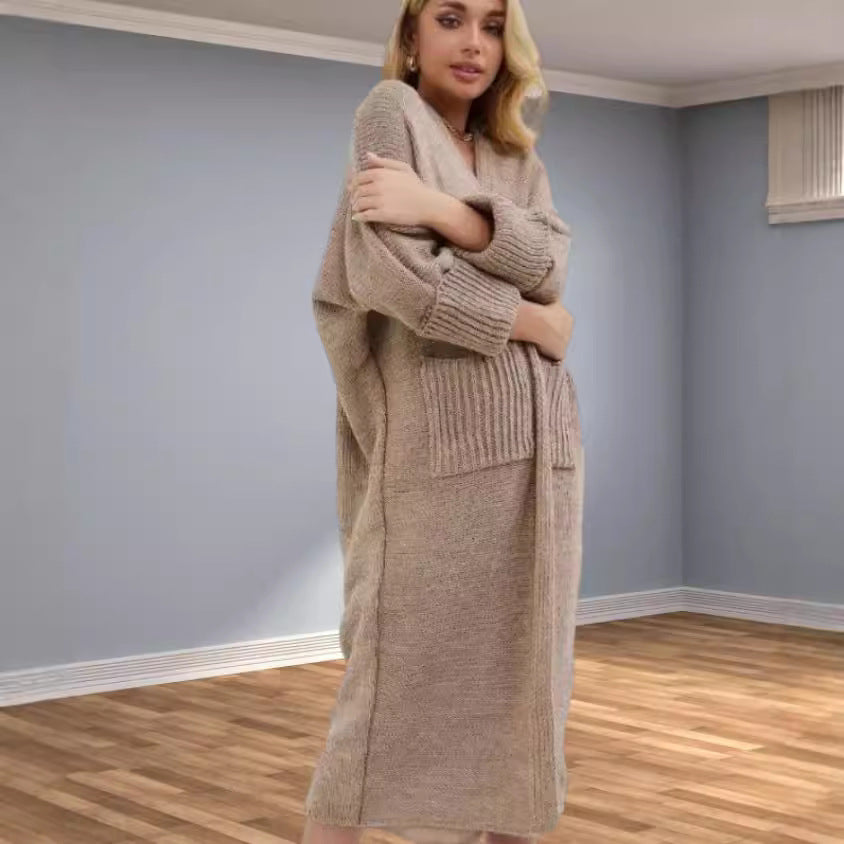 Damen Grobstrickmantel mit praktischen Taschen und elegantem V-Ausschnitt Merchesia