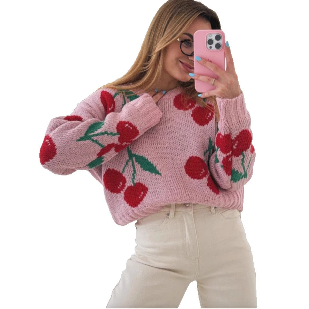 Damen lässiger Pullover mit fruchtigem Kirschmuster und weichem Strick Merchesia