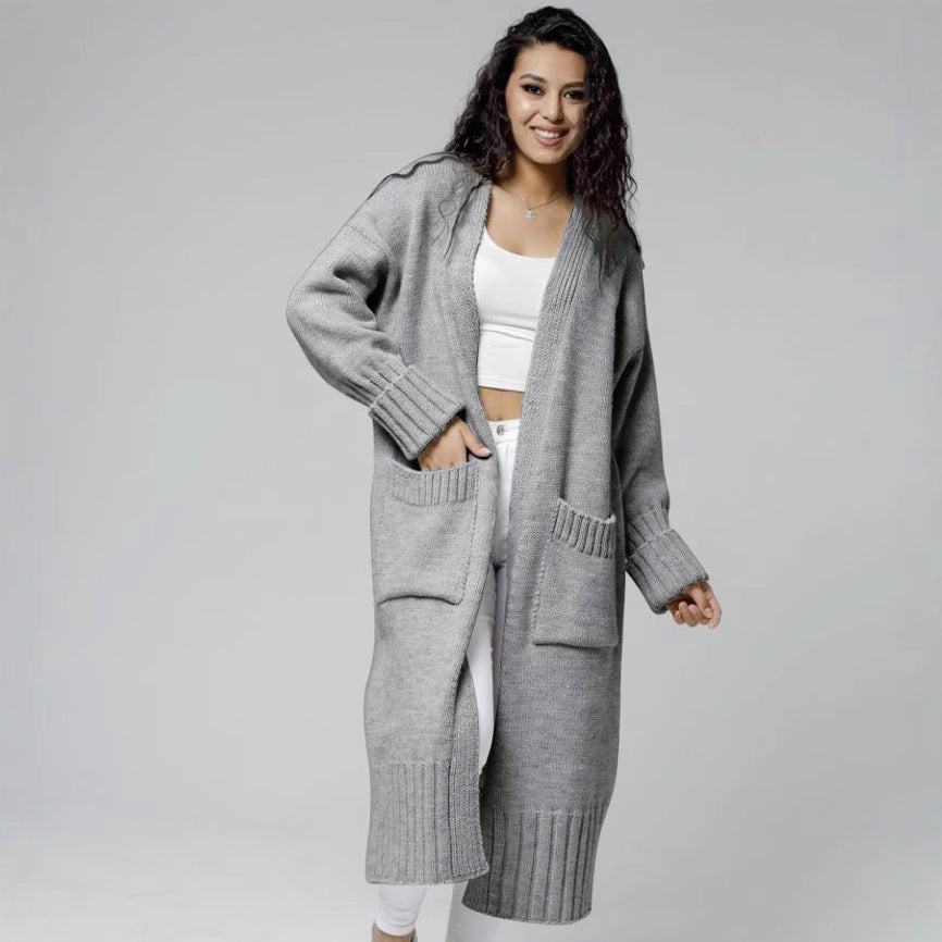 Damen Langer Strickmantel mit praktischen Taschen und strukturiertem Design Merchesia