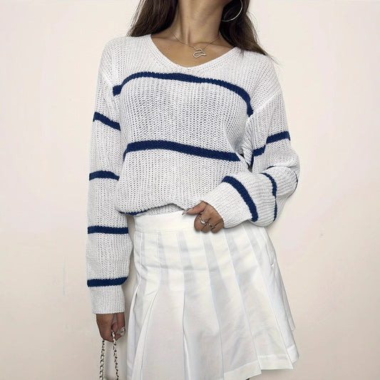 Damen lässiger Strickpullover mit Streifen Merchesia