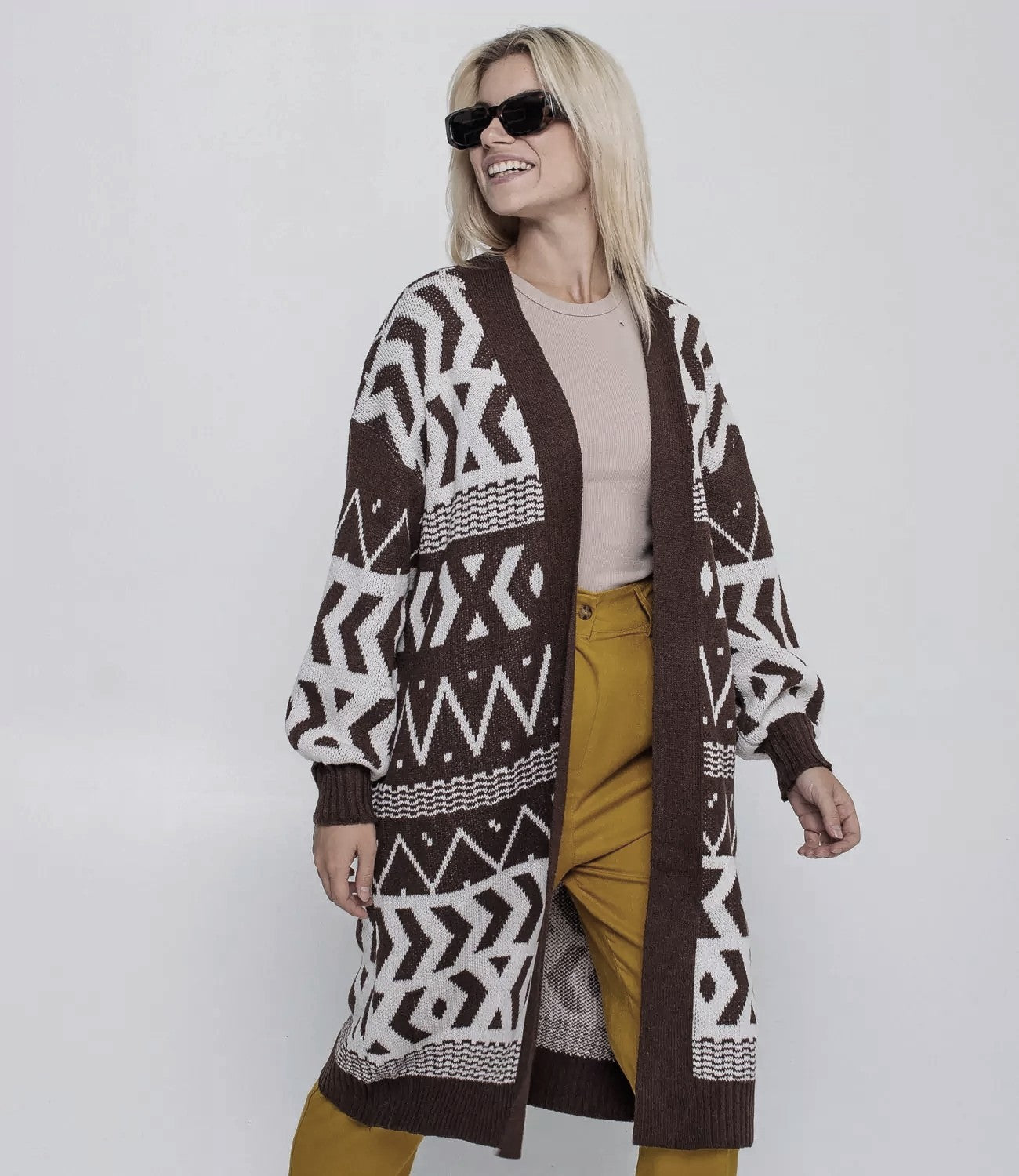 Damen Langer Strickcardigan mit geometrischem Muster und lässigem Schnitt Merchesia