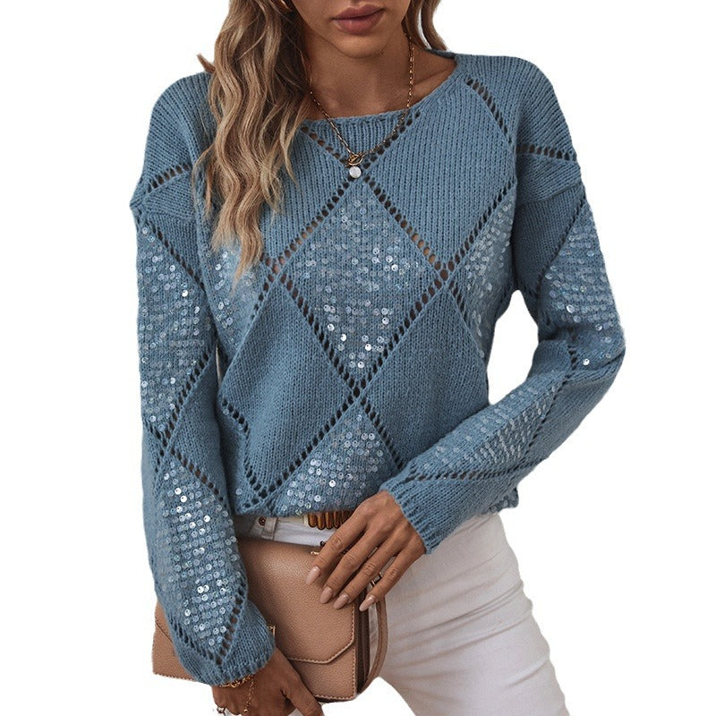 Damen modischer Pullover mit aufwendigem Strickdesign und Glitzerelementen Merchesia