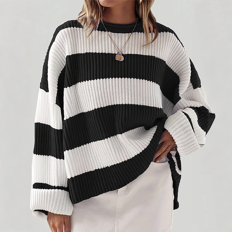 Damen lässiger Strickpullover mit breiten Streifen und lockerer Passform Merchesia