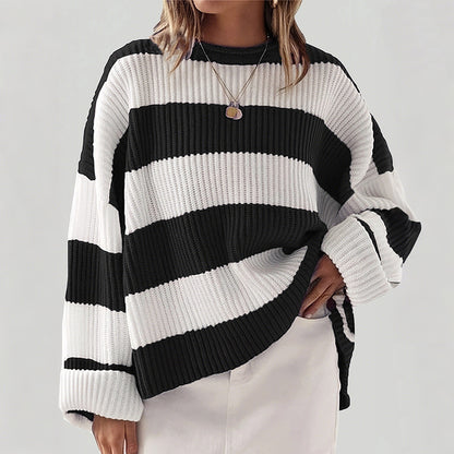 Damen lässiger Strickpullover mit breiten Streifen und lockerer Passform Merchesia