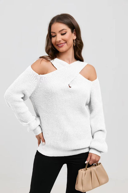 Damen Off-Shoulder Strickpullover mit asymmetrischem Design Merchesia