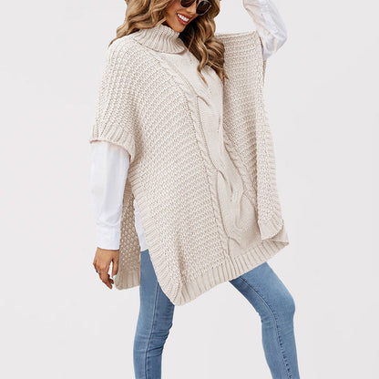 Damen Strickponcho mit hohen Kragen und Kabelmuster Merchesia