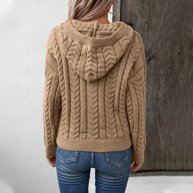 Damen Strickpulli mit Kapuze und Zopfmuster Merchesia