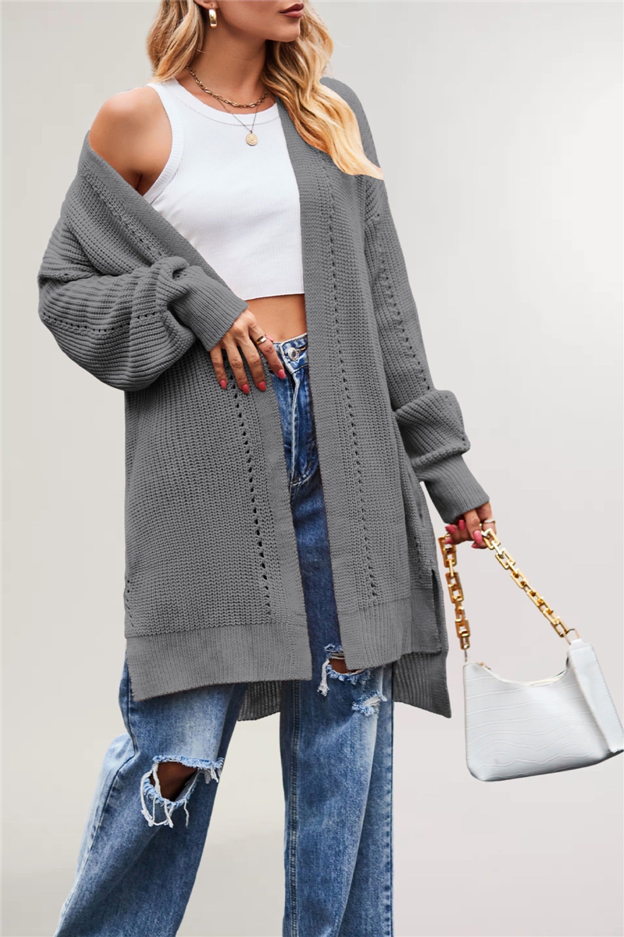 Damen lässige Strickjacke mit offenem Design und weiten Ärmeln Merchesia