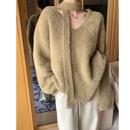 Damen Grobstrickpullover mit tiefem V-Ausschnitt und schicker Banddetails Merchesia