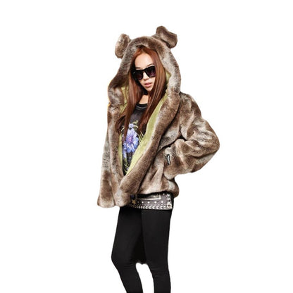 Damen Kuschelige Kunstpelzjacke mit verspieltem Ohren-Design Merchesia