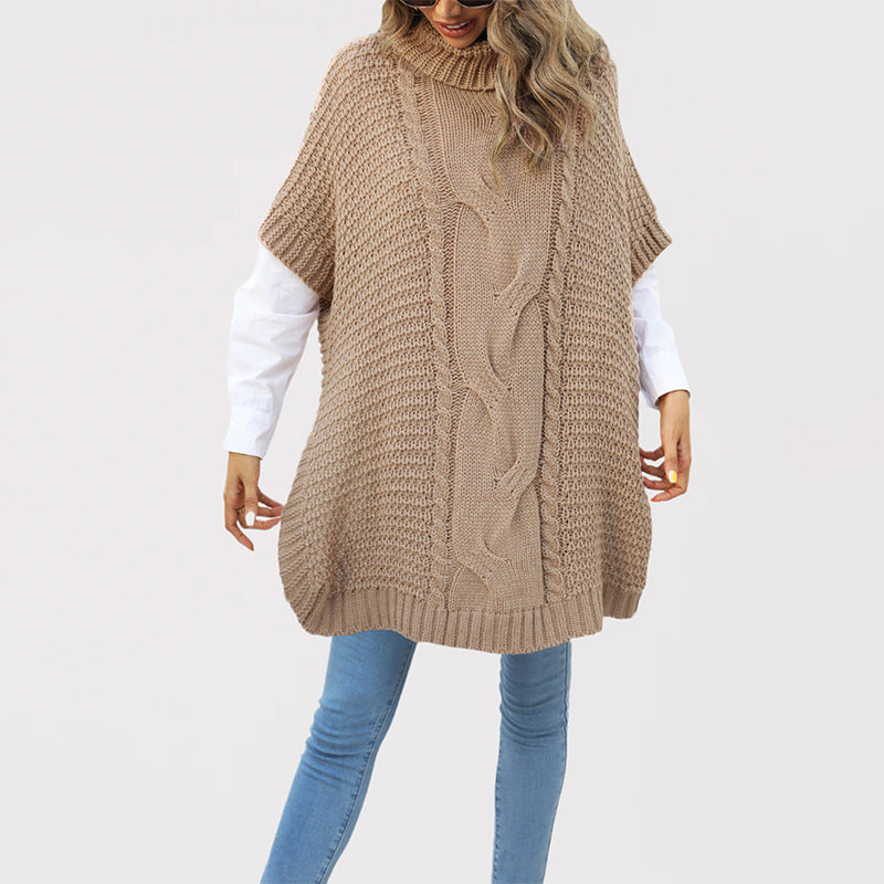 Damen Strickponcho mit hohen Kragen und Kabelmuster Merchesia