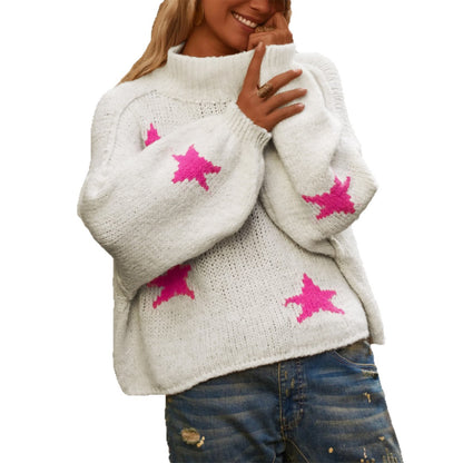 Damen stylischer Rollkragenpullover mit Sternchenmotiv Merchesia