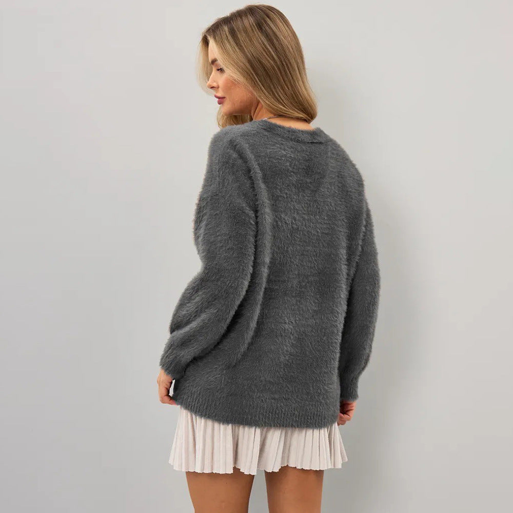 Damen Flauschiger Cardigan mit tiefem V-Ausschnitt und Knopfdetails Merchesia