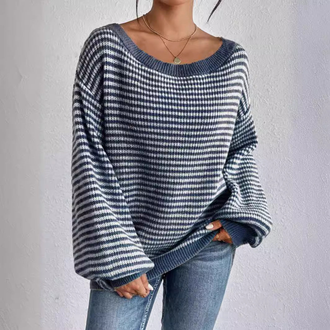 Damen lässiger Strickpullover mit weitem Schnitt und modernen Streifen Merchesia