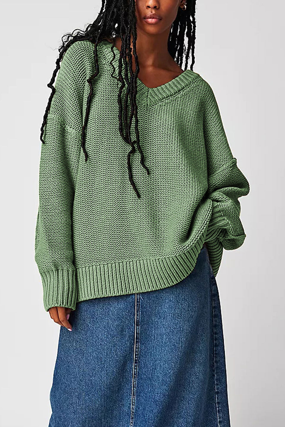 Damen V-Ausschnitt Oversized Pullover mit strukturiertem Strickmuster Merchesia