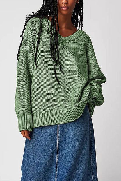 Damen V-Ausschnitt Oversized Pullover mit strukturiertem Strickmuster Merchesia