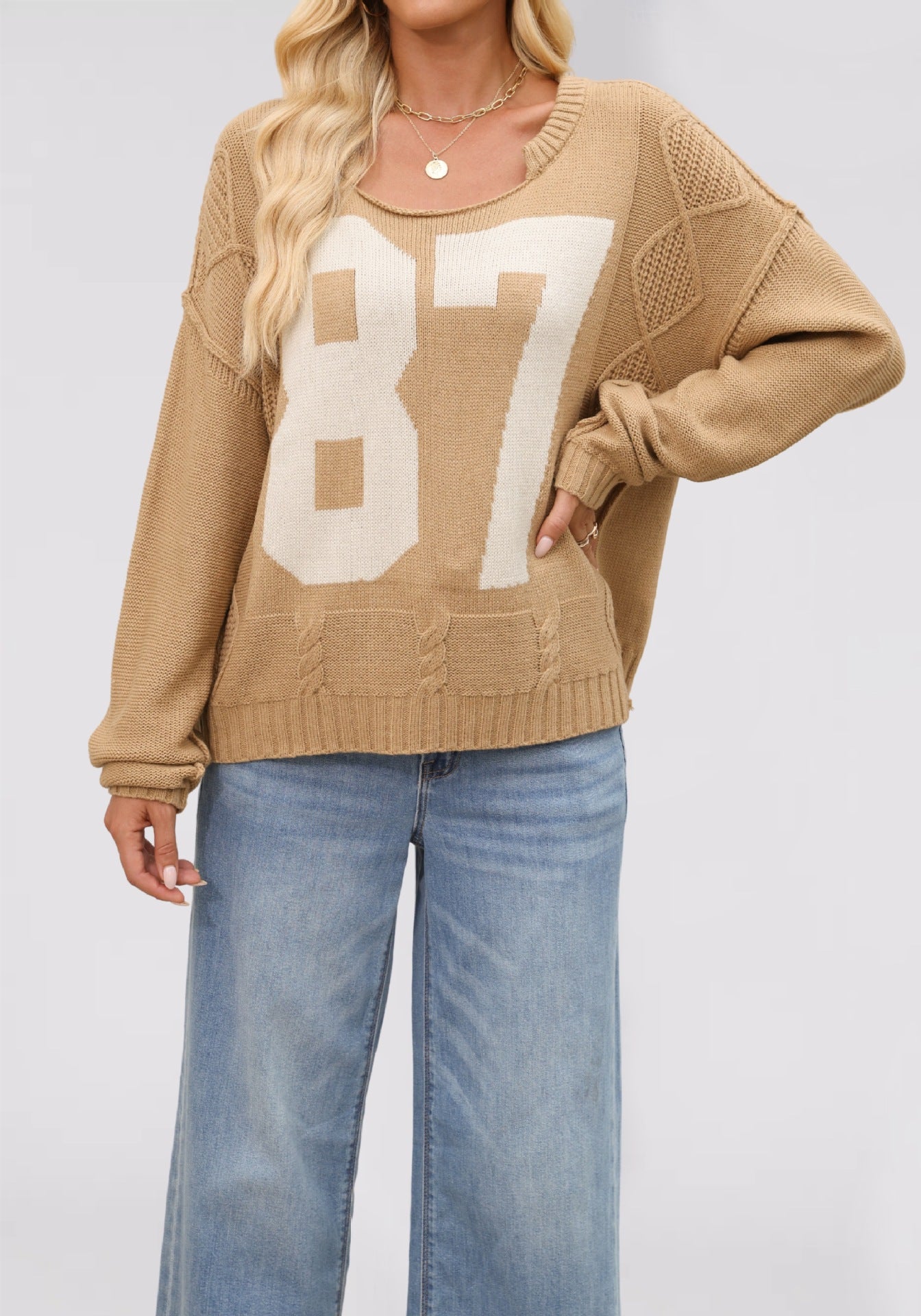 Damen Freizeit Strickpullover mit sportlicher Nummernstickerei Merchesia