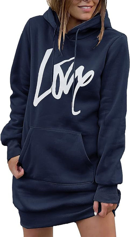 Damen Hoodie-Kleid mit Kängurutasche und auffälligem Schriftzug Merchesia