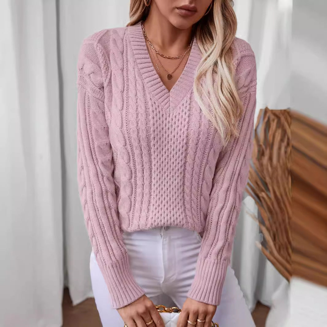 Damen modischer Strickpullover mit tiefem V-Ausschnitt und Zopfmuster Merchesia