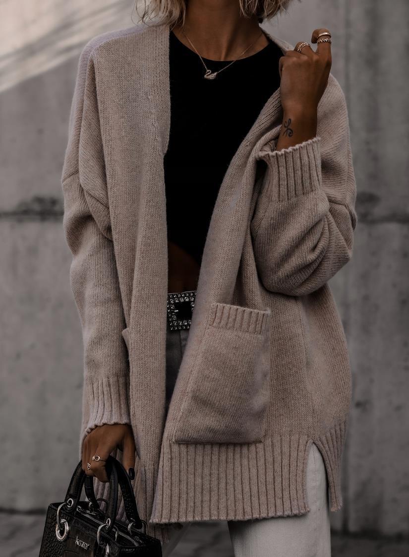Damen gemütlicher Strickcardigan mit lässiger Silhouette und praktischen Taschen Merchesia