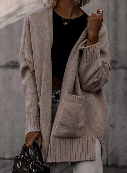 Damen gemütlicher Strickcardigan mit lässiger Silhouette und praktischen Taschen Merchesia