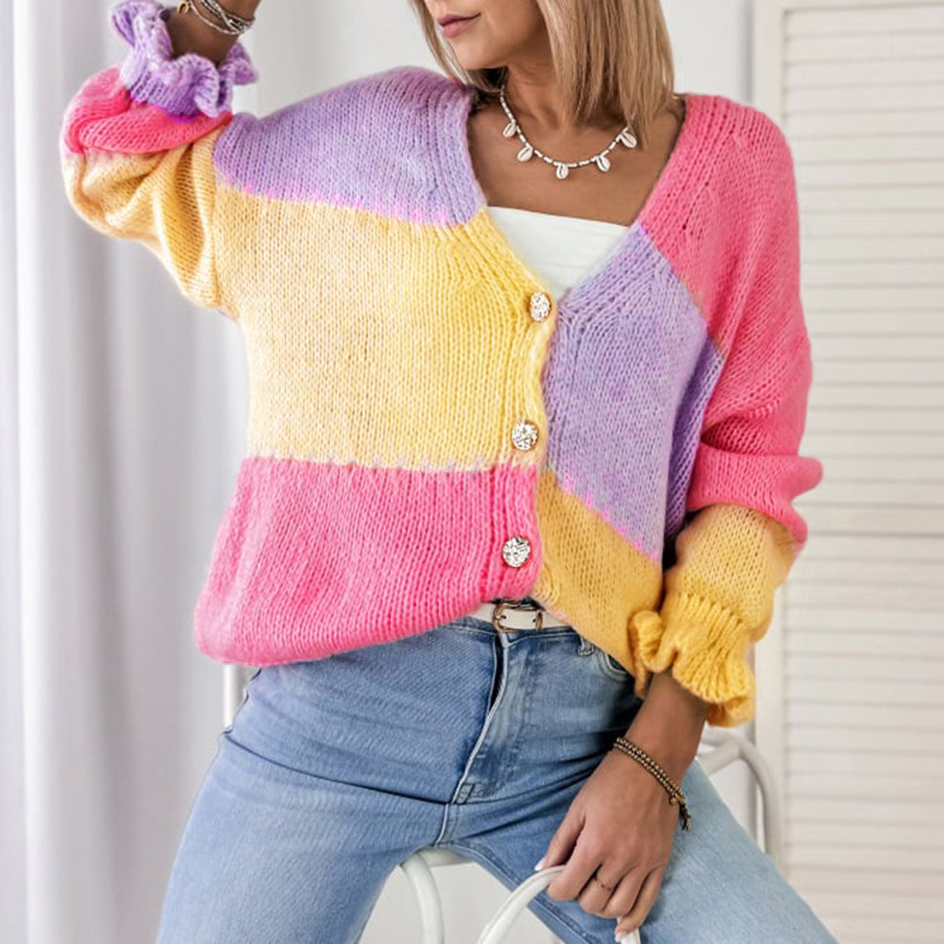 Damen modischer Oversized-Cardigan mit buntem Streifenmuster und voluminösen Ärmeln Merchesia