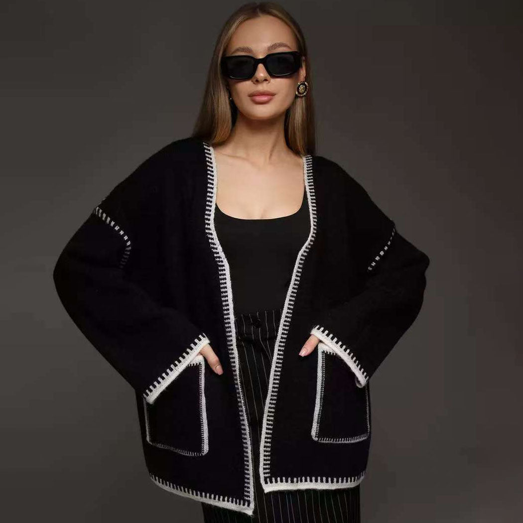 Damen gemütlicher Strickcardigan mit tiefem V-Ausschnitt und praktischen Taschen Merchesia