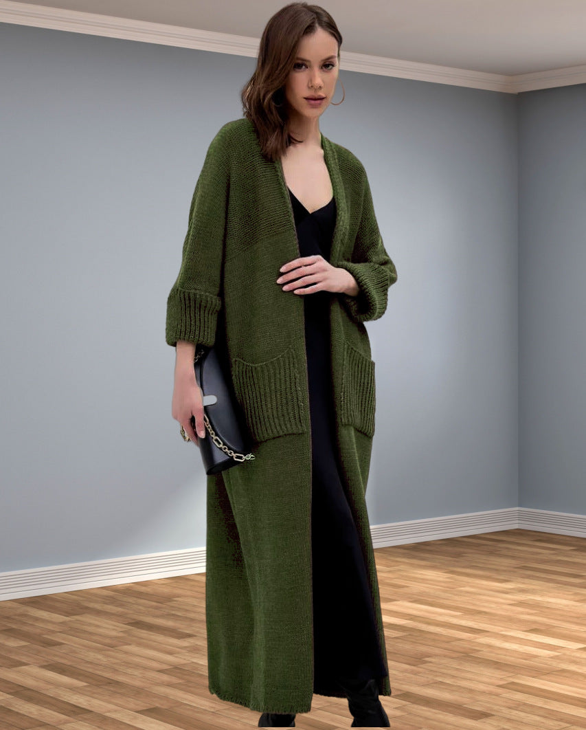 Damen Grobstrickmantel mit praktischen Taschen und elegantem V-Ausschnitt Merchesia