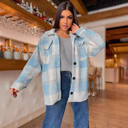 Damen Karierte overshirt mit weichem Fleece und Druckknopfverschluss Merchesia