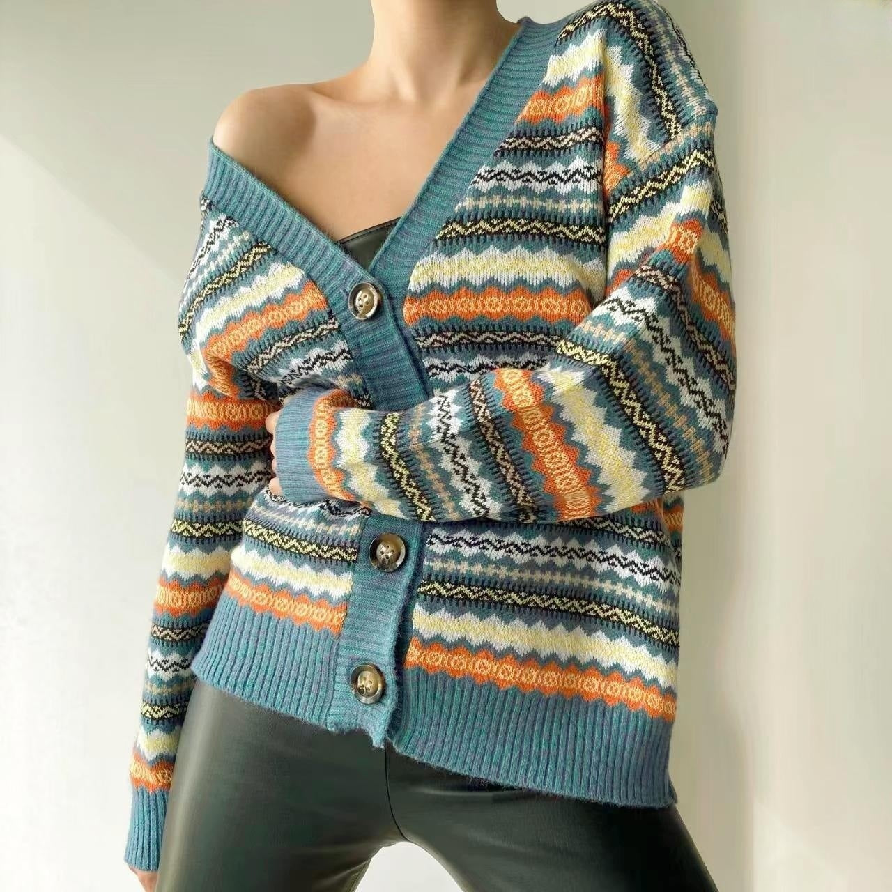 Damen lässiger Strickcardigan mit buntem Muster und Knopfleiste Merchesia