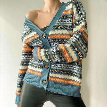 Damen lässiger Strickcardigan mit buntem Muster und Knopfleiste Merchesia