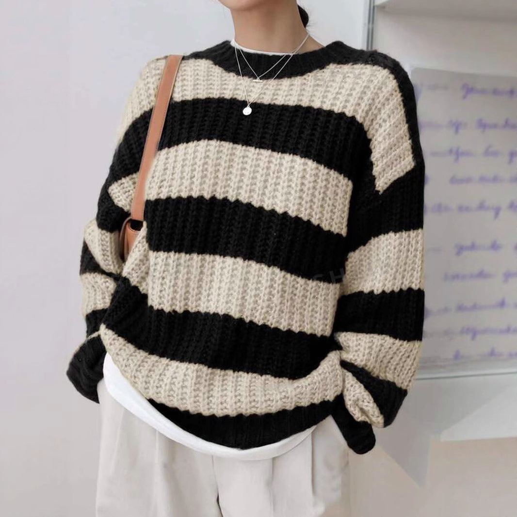 Damen modischer Strickpullover mit breiten Streifen und lockerer Passform Merchesia