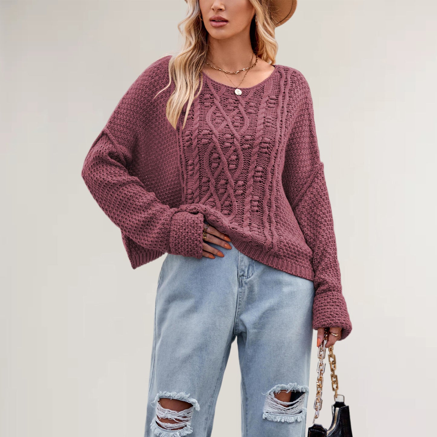 Damen Strickpullover mit strukturiertem Zopfmuster Merchesia