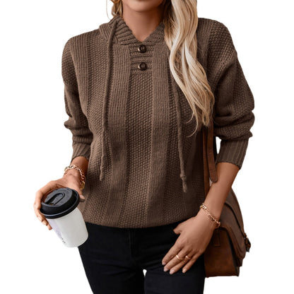 Damen lässiger Strickpullover mit Kapuze und Knopfdetails Merchesia