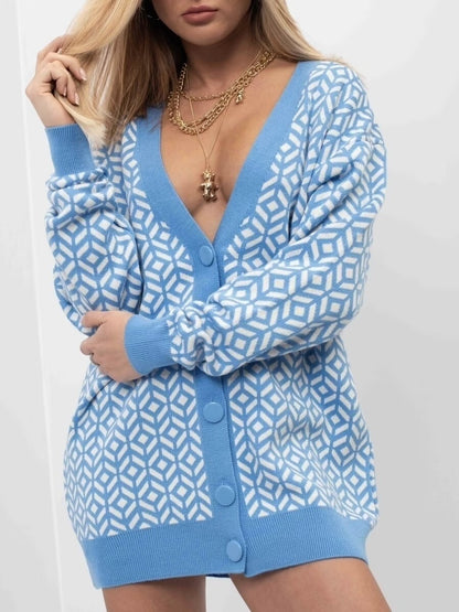 Damen Grober Strickjacke mit V-Ausschnitt und auffälligem Muster Merchesia